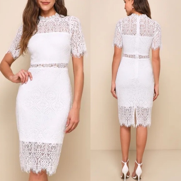 Lulus Dresses & Skirts - Lulu’s Remarkable White Sheer Lace Short Sleeve Dress Sz Medium Bridal Wedding